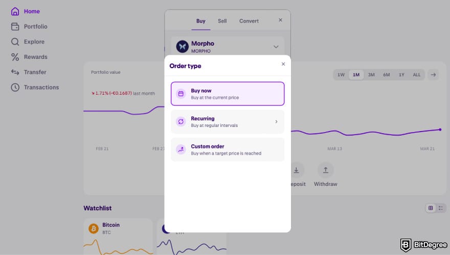 How to buy MORPHO: select order type on Kraken.