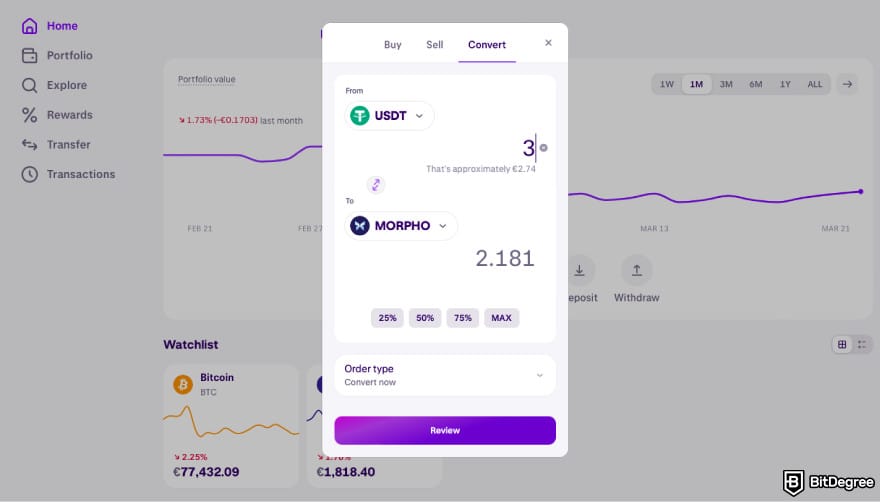How to buy MORPHO: click Review on Kraken's conversion panel.
