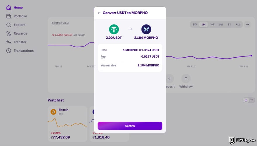 How to buy MORPHO: click Confirm on Kraken's conversion panel.
