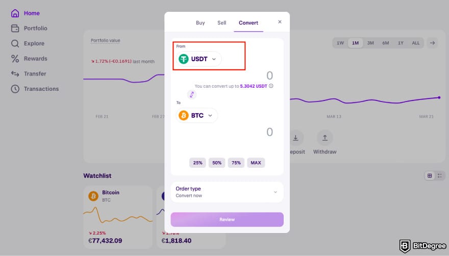How to buy MORPHO: choose a token to convert to MORPHO on Kraken.