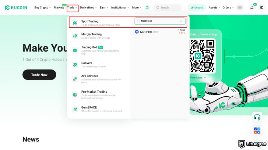 How to buy MORPHO: KuCoin's homepage with the Trade and Spot Trading buttons highlighted.