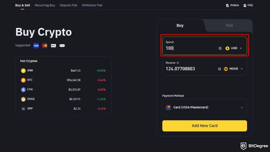 How to buy Movement coin: enter the amount of fiat or MOVE.