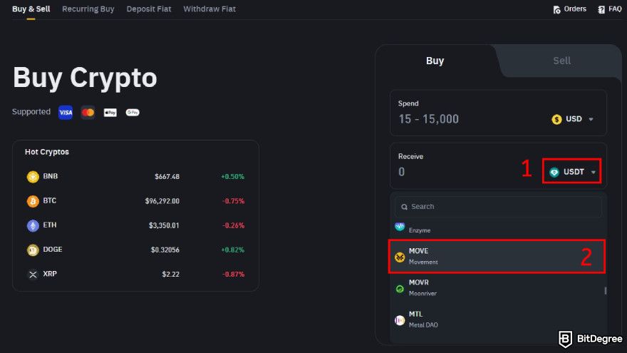 How to buy Movement coin: select "Move" coin.