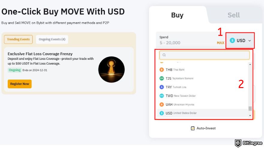 How to buy Movement coin: select your fiat currency.