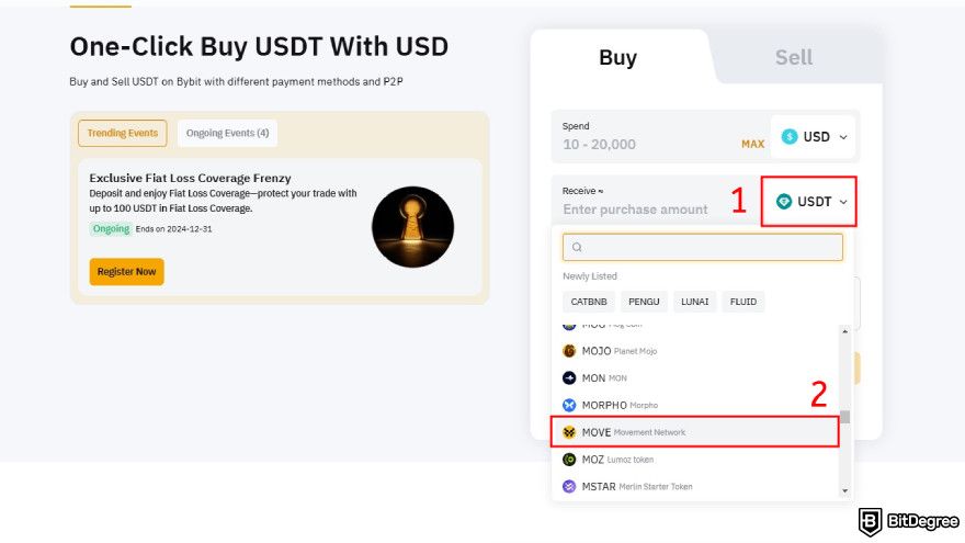 How to buy Movement coin: select Movement coin from the dropdown list.