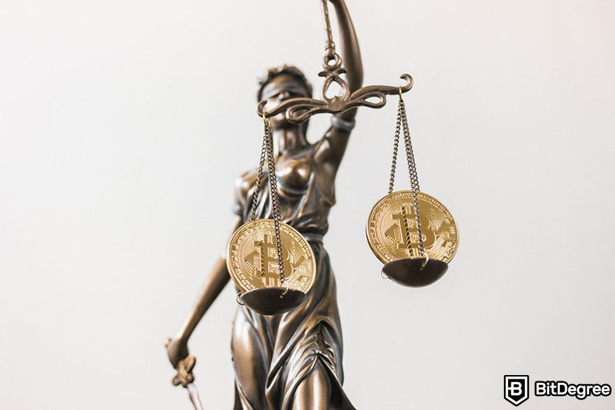 How to buy new crypto before listing: Statue of Justice holding scales with Bitcoin coins balanced on them.