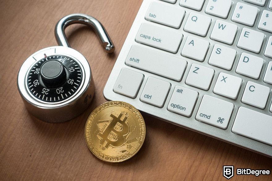 How to buy new crypto before listing: Combination lock with Bitcoin and keyboard.