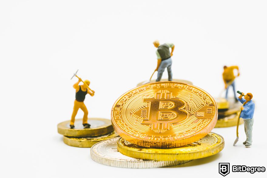 How to buy new crypto before listing: Miniature figures mining and inspecting Bitcoin tokens.