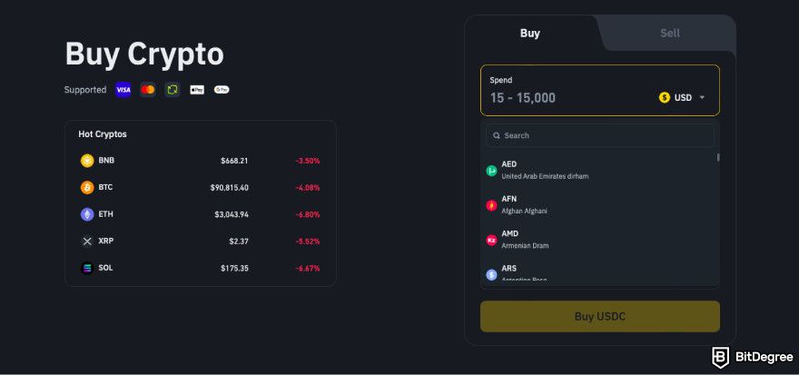 How to buy PENGU: select fiat currency.