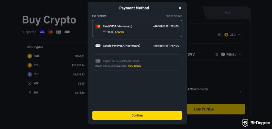 How to buy PENGU: pick the payment method.