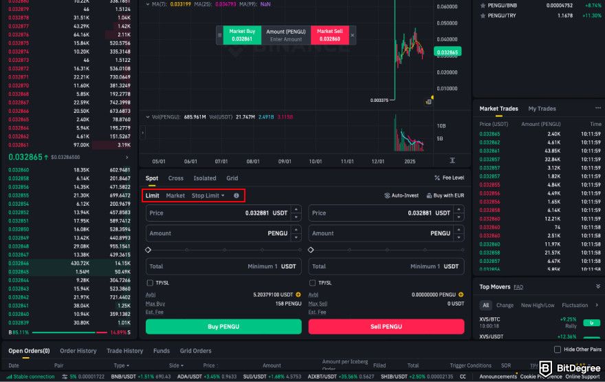 How to buy PENGU: select order type.
