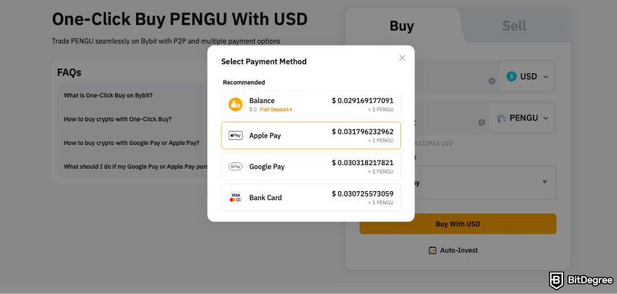 How to buy PENGU: select payment method.