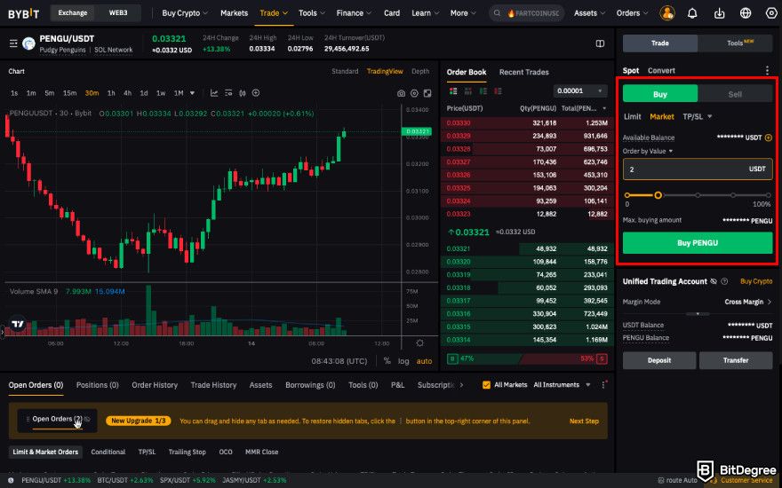 How to buy PENGU: place a spot trading order.