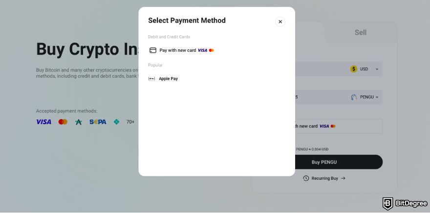 How to buy PENGU: select payment method.