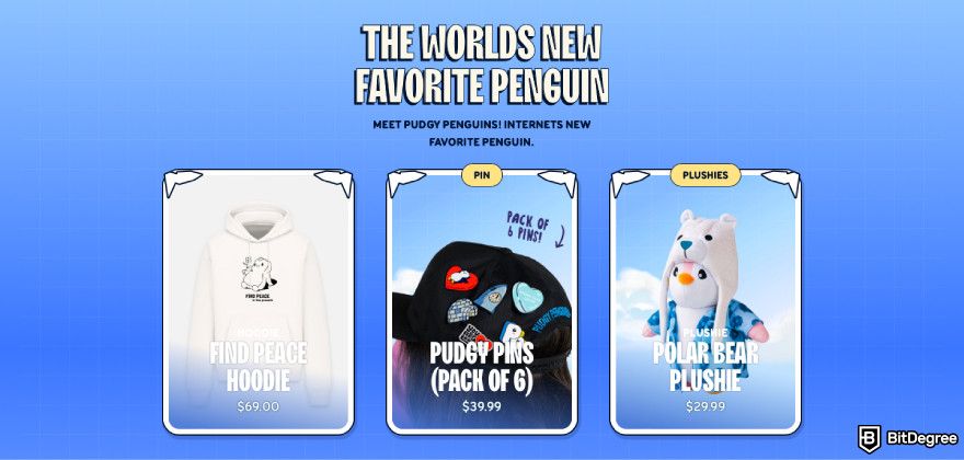 How to buy PENGU: a screenshot of the Pudgy Penguins merchandise.