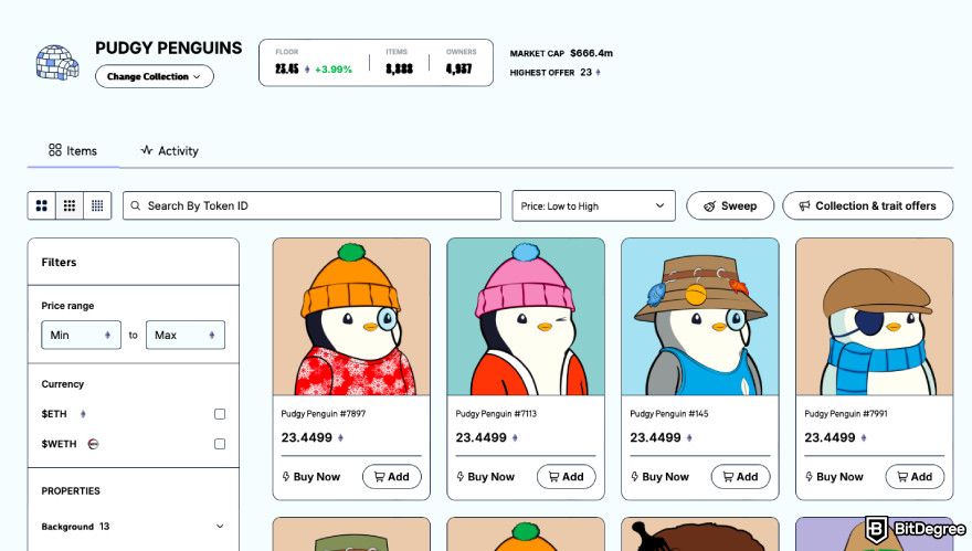 How to buy PENGU: a screenshot of the Pudgy Penguins NFT marketplace.