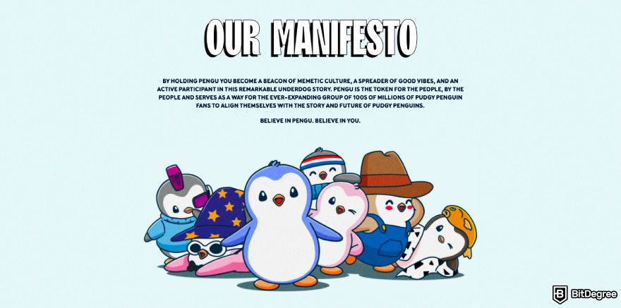 How to buy PENGU: a screenshot of the Pudgy Penguins manifesto.