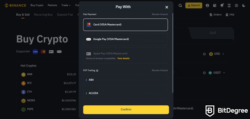 How to buy Pepe Coin: the payment options on Binance.