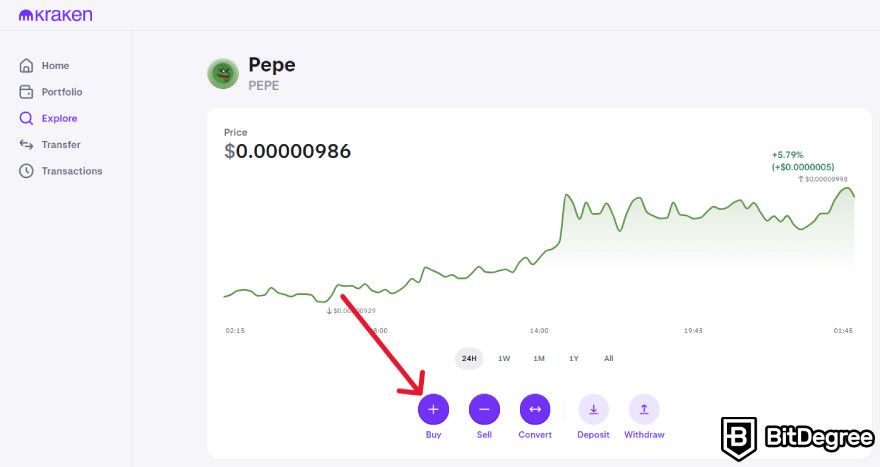 How to buy Pepe Coin: the "Buy" button on Kraken.