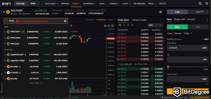 How to buy Pepe Coin: selecting PEPE trading pairs on Bybit's spot.