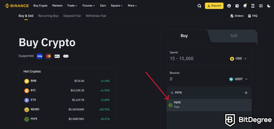 How to buy Pepe Coin: selecting PEPE.