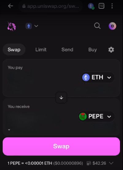 How to buy Pepe Coin: swapping ETH for PEPE.