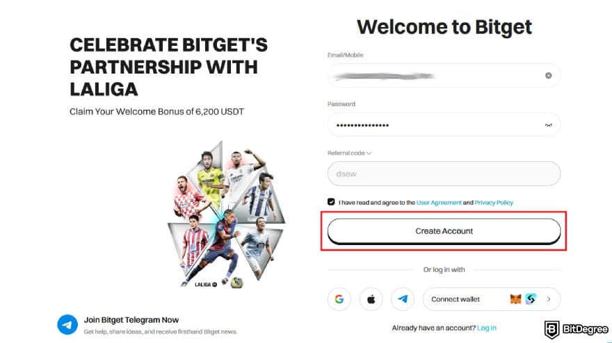 How to buy Pi Coin on Bitget: input email and create a password.