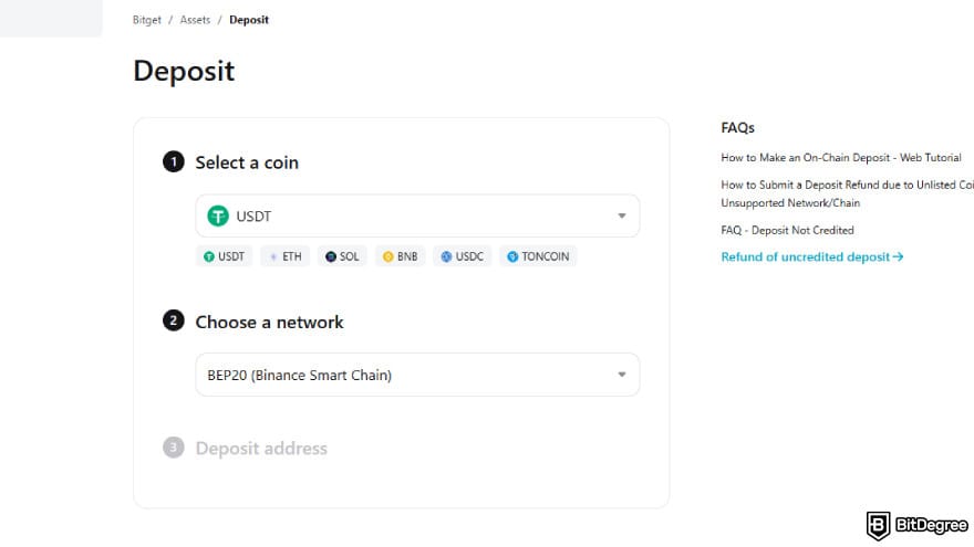 How to buy Pi Coin on Bitget: choose USDT and the network.
