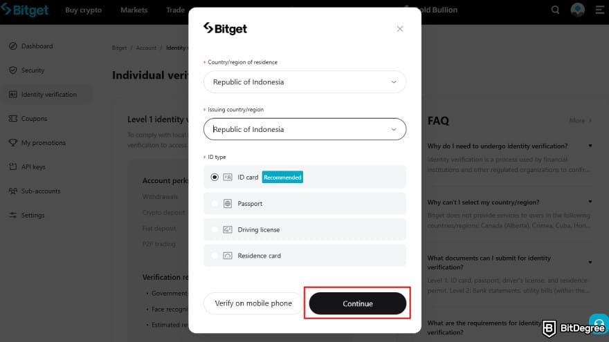 How to buy Pi Coin on Bitget: choose your country and ID type.