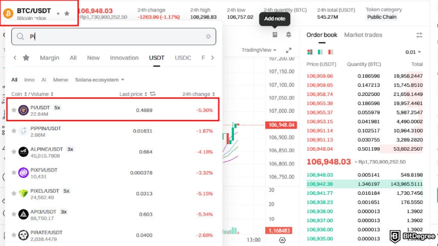 How to buy Pi Coin on Bitget: select the PI/USDT pair.