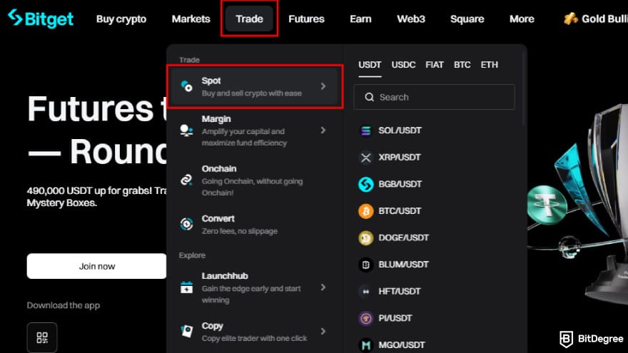 How to buy Pi Coin on Bitget: go to the spot trading page.