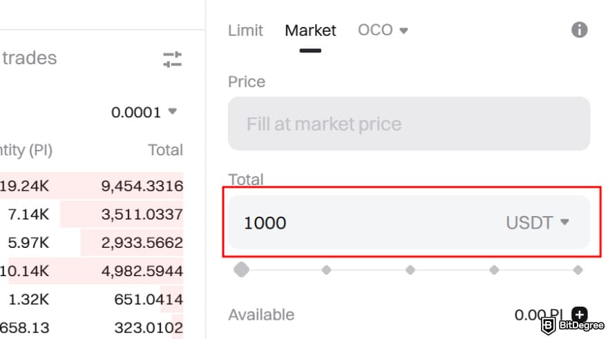 How to buy Pi Coin on Bitget: input how much Pi you want to sell.