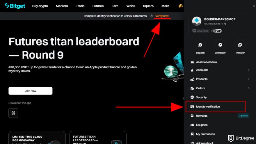 How to buy Pi Coin on Bitget: start identity verification.