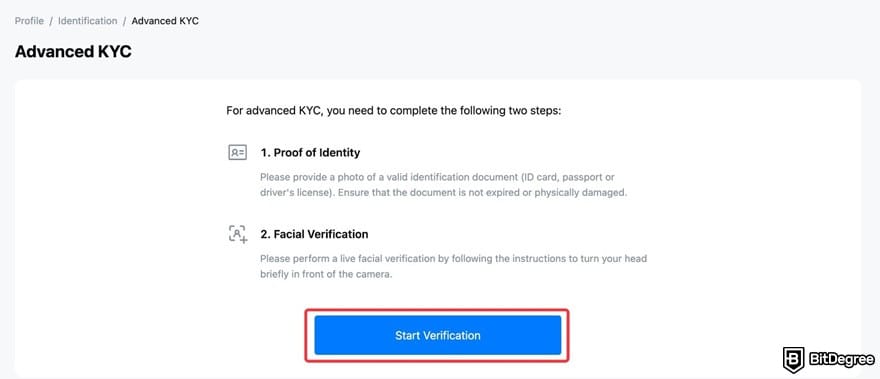 How to buy Polygon crypto: the Start Verification button highlighted on MEXC's Advanced KYC page.