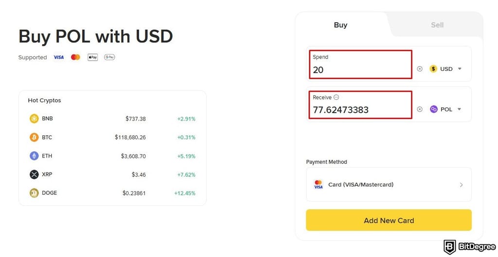 How to buy Polygon crypto: entering the purchasing amount on Binance.