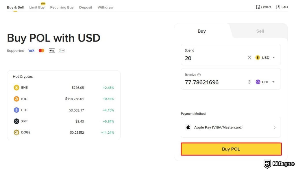 How to buy Polygon crypto: the Buy POL button highlighted on Binance's Buy & Sell page.