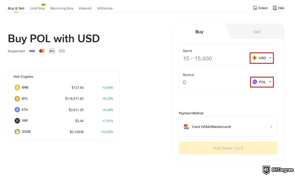 How to buy Polygon crypto: the currencies highlighted on Binance's Buy & Sell page.