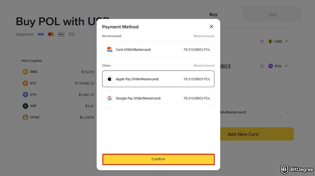How to buy Polygon crypto: choosing a payment method on Binance's Buy & Sell page.