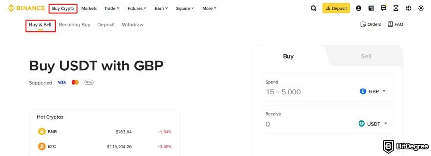 How to buy Polygon crypto: the Buy & Sell page on Binance.