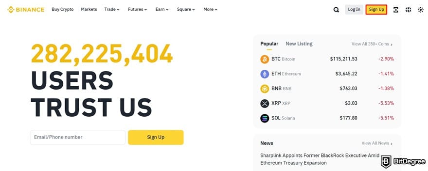 How to buy Polygon crypto: the Sign up button highlighted on Binance's homepage.