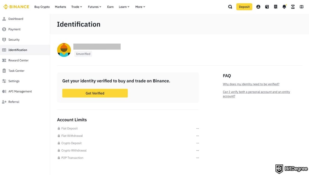 How to buy Polygon crypto: the Identification page on Binance's website.