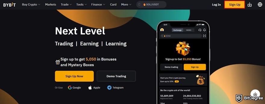 How to buy Polygon crypto: the Sign Up button on Bybit's homepage.