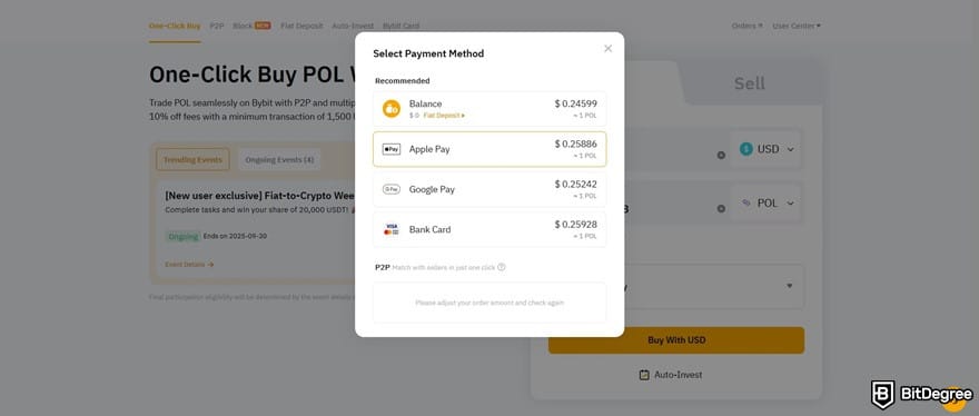 How to buy Polygon crypto: the Spend and Receive fields highlighted on Bybit's One-Click Buy page.