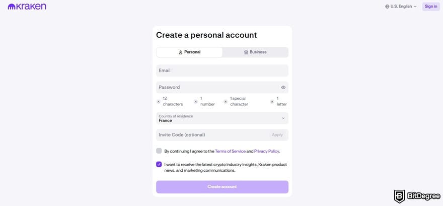 How to buy Polygon crypto: creating a personal account on Kraken's website.