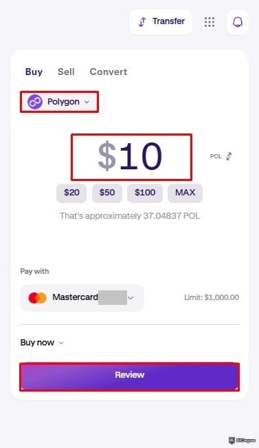 How to buy Polygon crypto: entering amount and choosing POL on Kraken's buying window.
