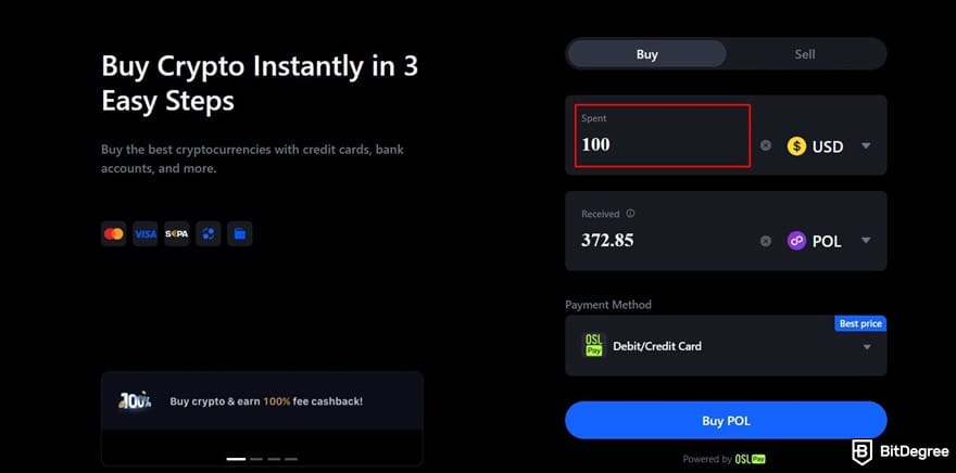 How to buy Polygon crypto: the currency amount highlighted on the Spent field on MEXC's Quick Buy page.