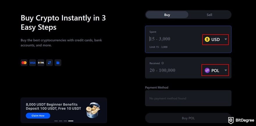 How to buy Polygon crypto: fiat currency and POL highlighted on MEXC's Quick Buy page.