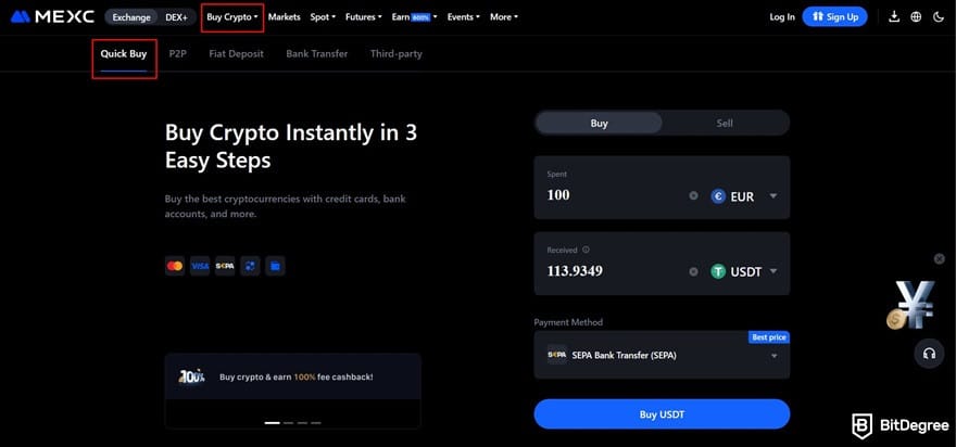 How to buy Polygon crypto: the Quick Buy page under the Buy Crypto menu on MEXC.