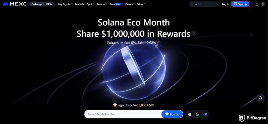 How to buy Polygon crypto: the Sign Up button on MEXC's homepage.