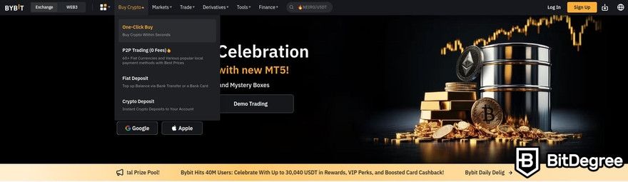 How to buy Popcat: a preview of Bybit's homepage highlighting the One-Click Buy button.